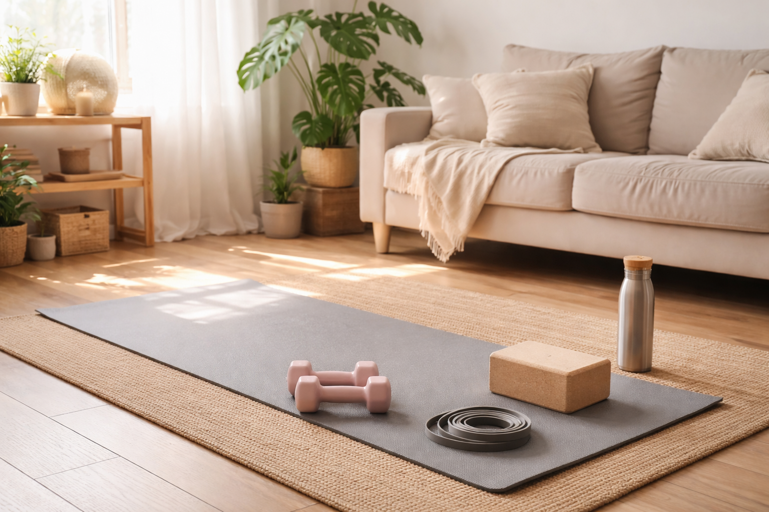 calm home environment with yoga mat and simple exercise equipment in soft natural lighting